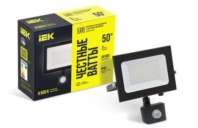 IEK  50Вт  6500К  4000Лм  IP54 210х230х45 с датчиком движения инфракрасный/ СДО 06-50Д черный с ДД
