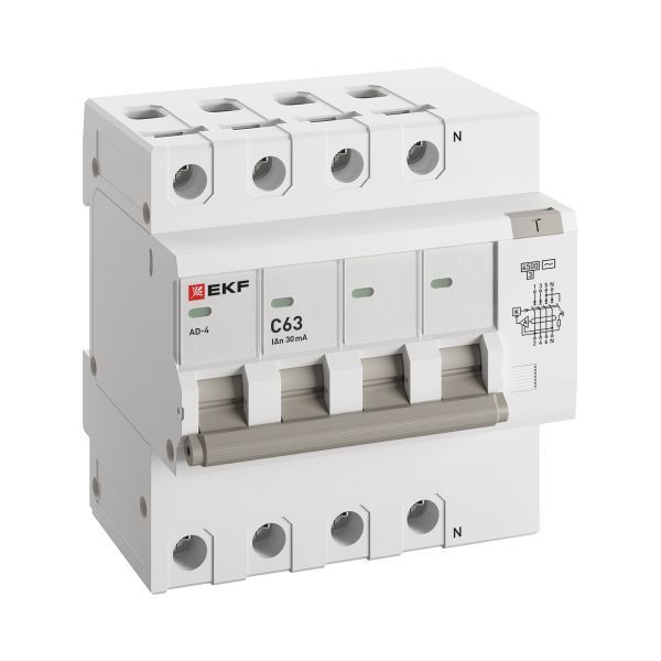 Автоматический выключатель дифференциального тока АД-4 4P 63А характеристика C 30мА тип АС электронный 4,5кА PROXIMA EKF