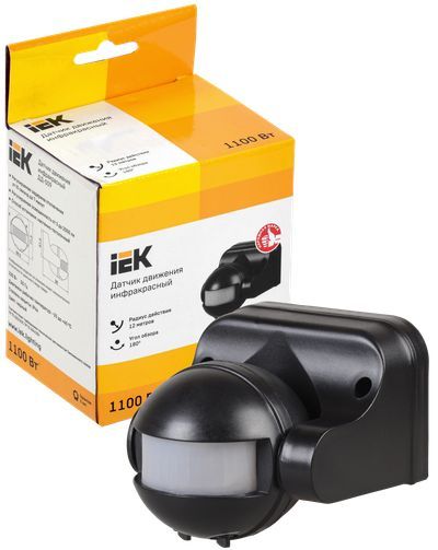 IEK Датчик движения ДД 009 черный, макс. нагрузка 1100Вт, угол обзора 180град., дальность 12м, IP44