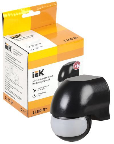 IEK Датчик движения ДД 010 черный, макс. нагрузка 1100Вт, угол обзора 180град., дальность 10м, IP44