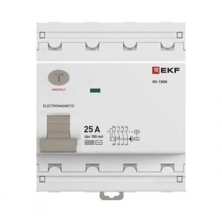 Выключатель дифференциального тока ВД-100N 4P 25А 100мА тип AC эл-мех 6кА PROXIMA EKF