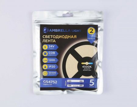 Светодиодная лента Ambrella Light GS4752 COB 528Led/14W m/ 24V IP20 4500K/ 5m*10mm*2mm (2 конт.) GS4752