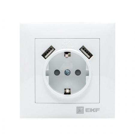 Валенсия розетка 1-местная с/з 16А белая с защ. штор. с 2 USB 2,1А EKF PROxima