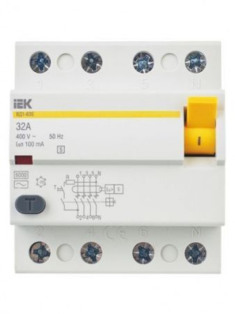 Выключатель дифференциальный (УЗО) ВД1-63S 4Р 32А 100мА IEK