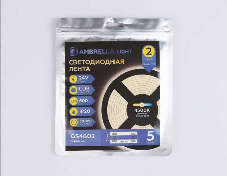 Светодиодная лента Ambrella Light GS4602 COB 384Led/ 7W m/ 24V IP20 4500K/ 5m*3mm*2mm (2 конт.) GS4602